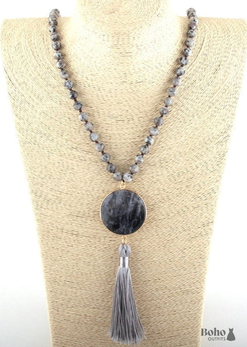 Boho Necklace, RH Amazonite Jasper, Circle Tassel Green White Natural Stone